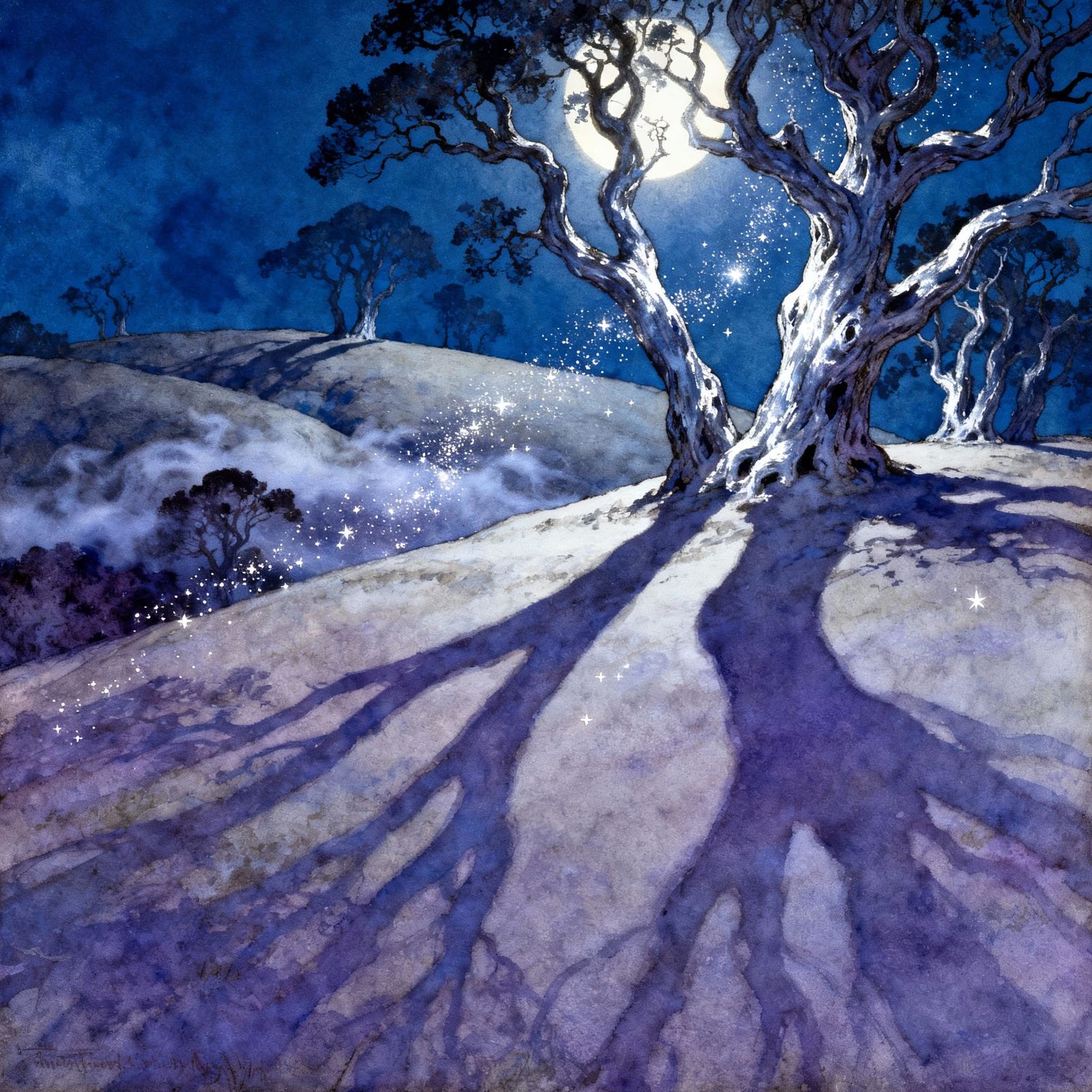 Ethereal Moonlit Landscape with Ancient Trees