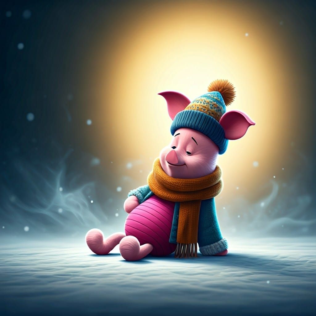 Piglet Shivering in Icy Mist: A Pixar-esque Scene