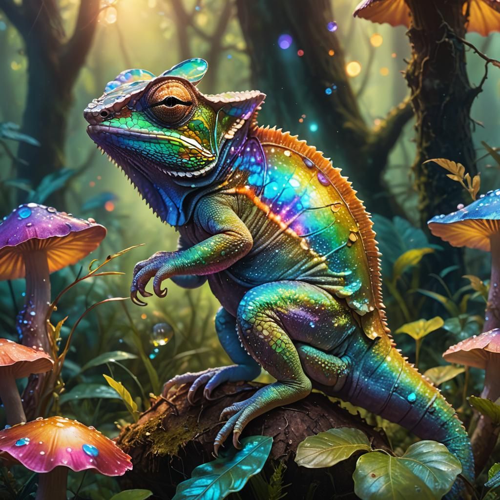 Iridescent Chameleon on Glowing Mushroom: Fantasy Art