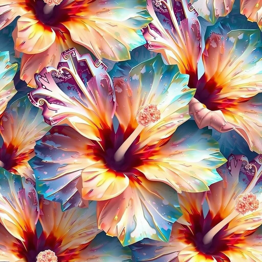 Neon Crystal Hibiscus Flowers in Futuristic Style