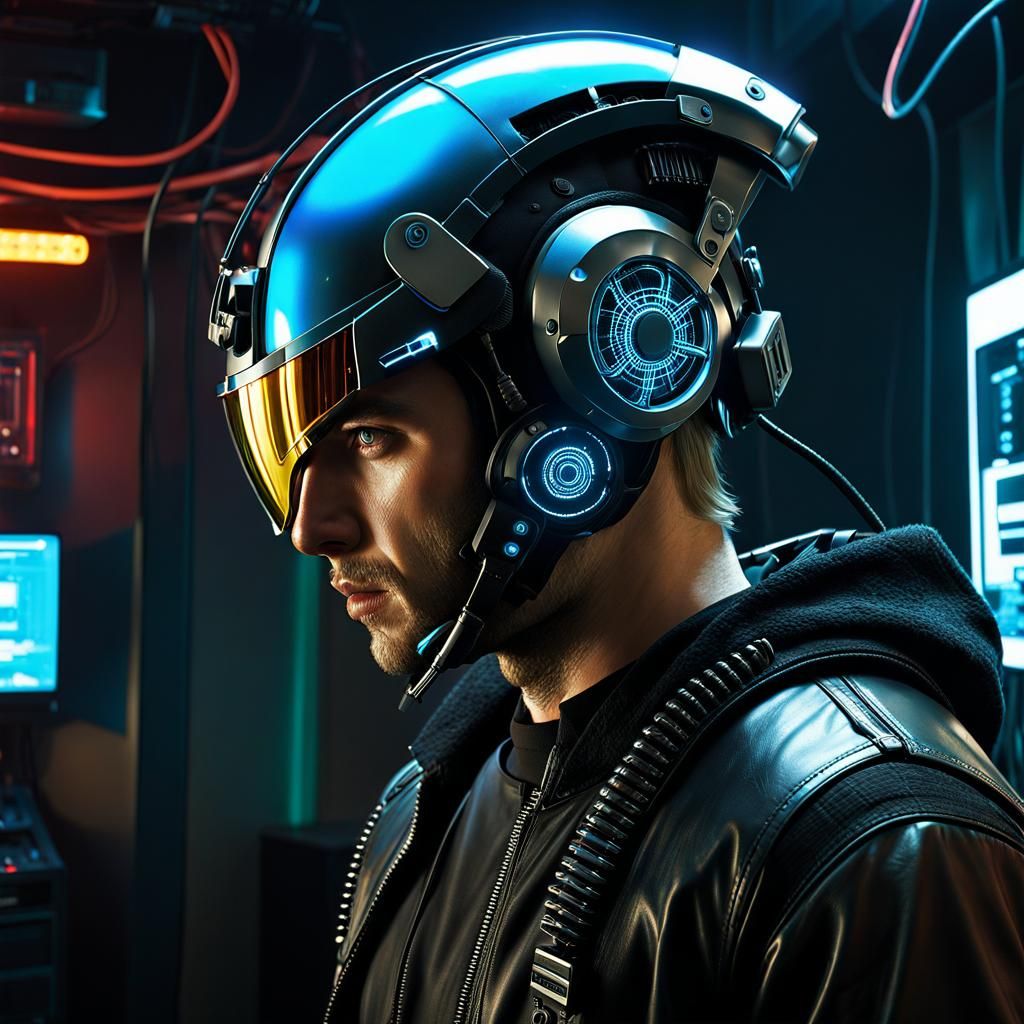 Cyberpunk Hacker with Bionic Implants in Apartment