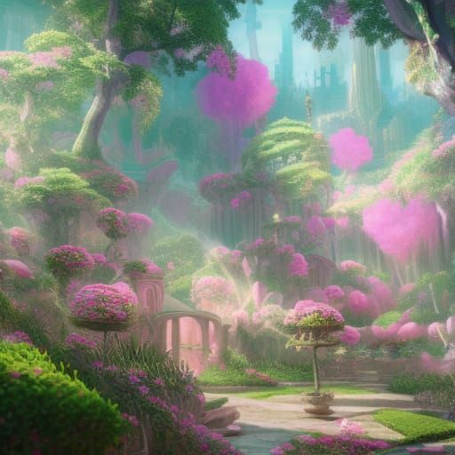 Pink Cybercore Fairy Garden in Detailed Matte Painting