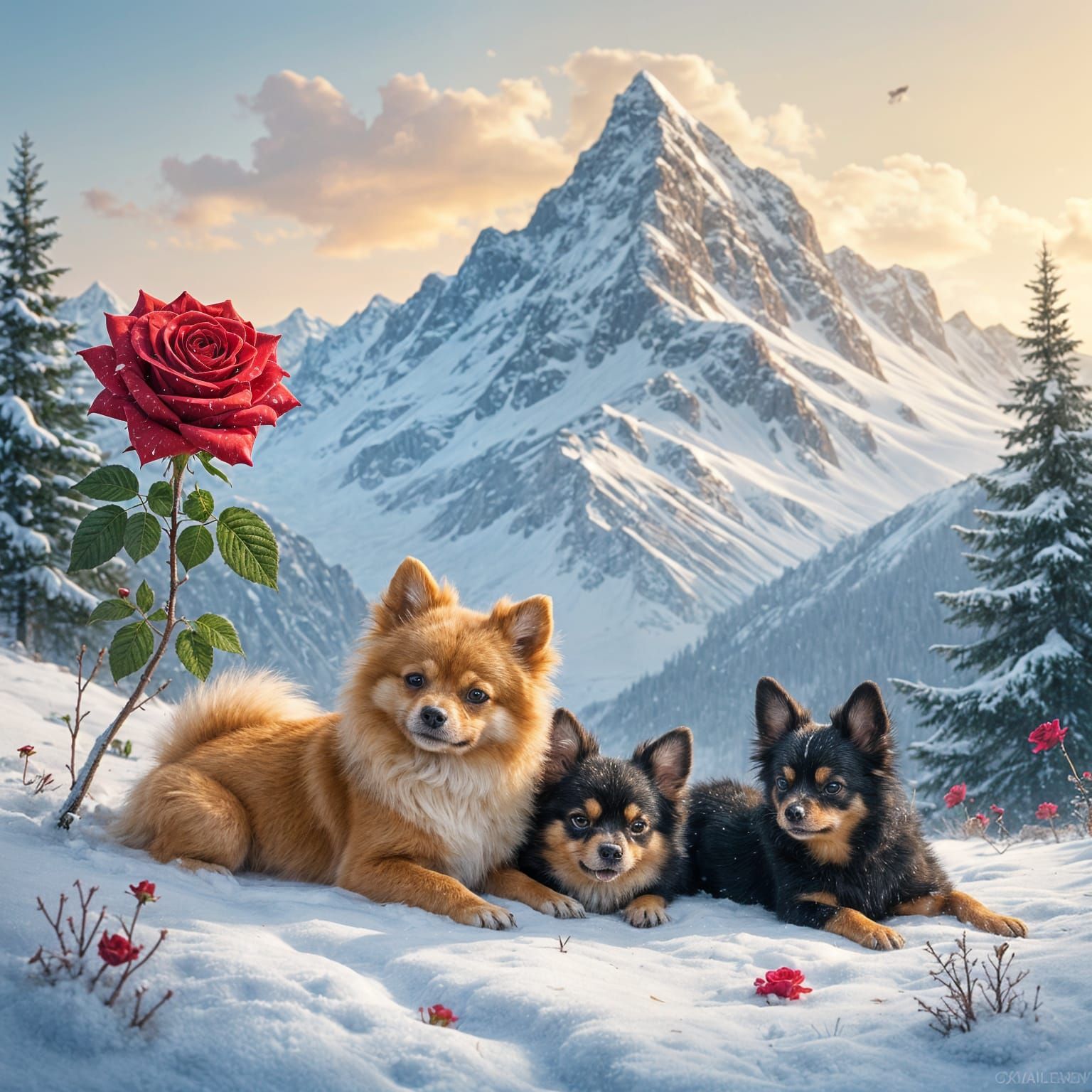 Romantic Snowy Mountain Landscape with Roses and Loyal Compa...