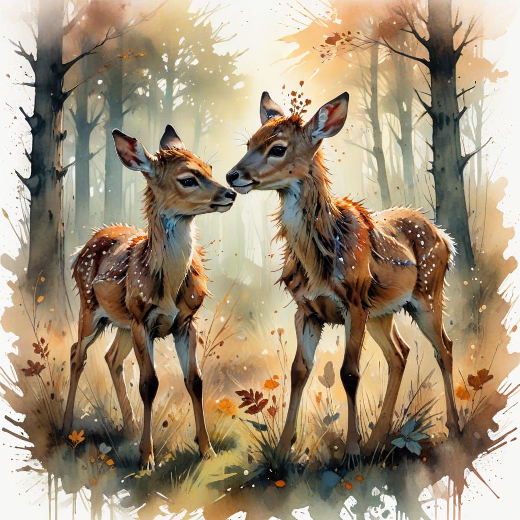 Two Fawns Play in Autumn Meadow Sunrise