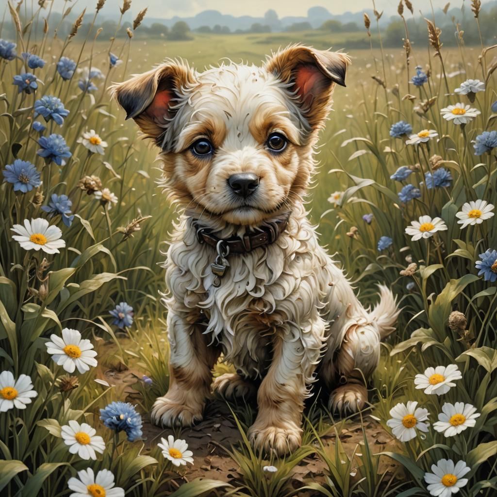 Adorable Puppy in Spring Field: Storybook Illustration