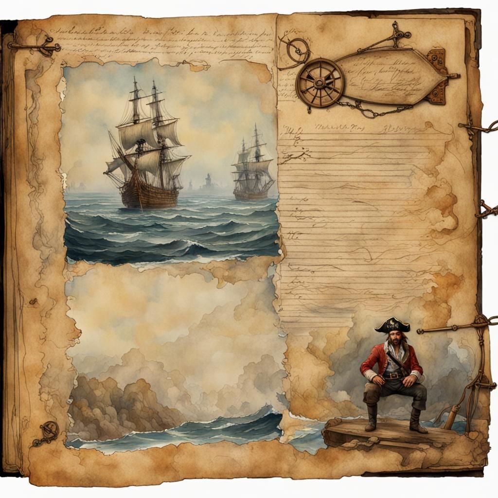 Pirate Ship on Ocean Journal Page in Watercolor Style