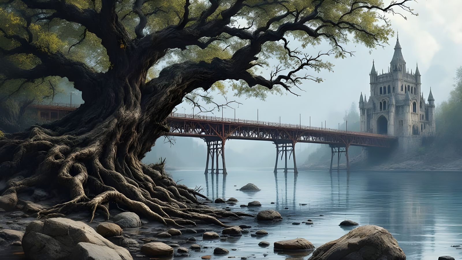 Dystopian Landscape Painting with Tree and Bridge