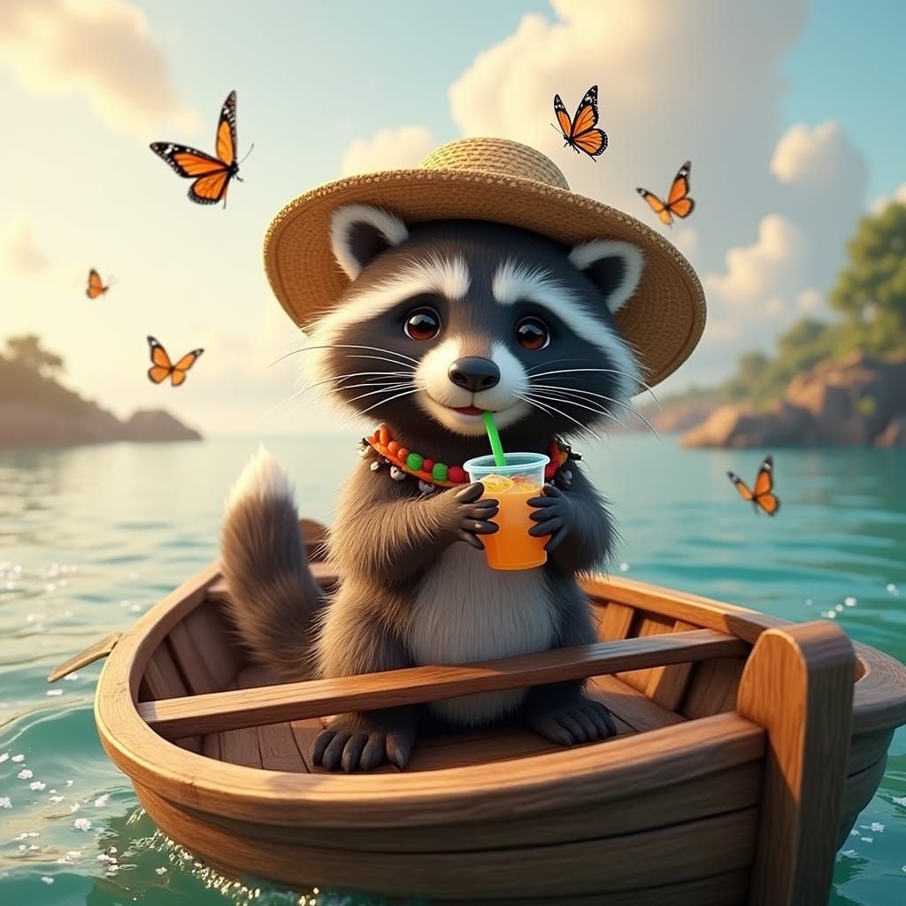 Raccoon in a Straw Hat Sips Cocktail on a Sparkling Sea