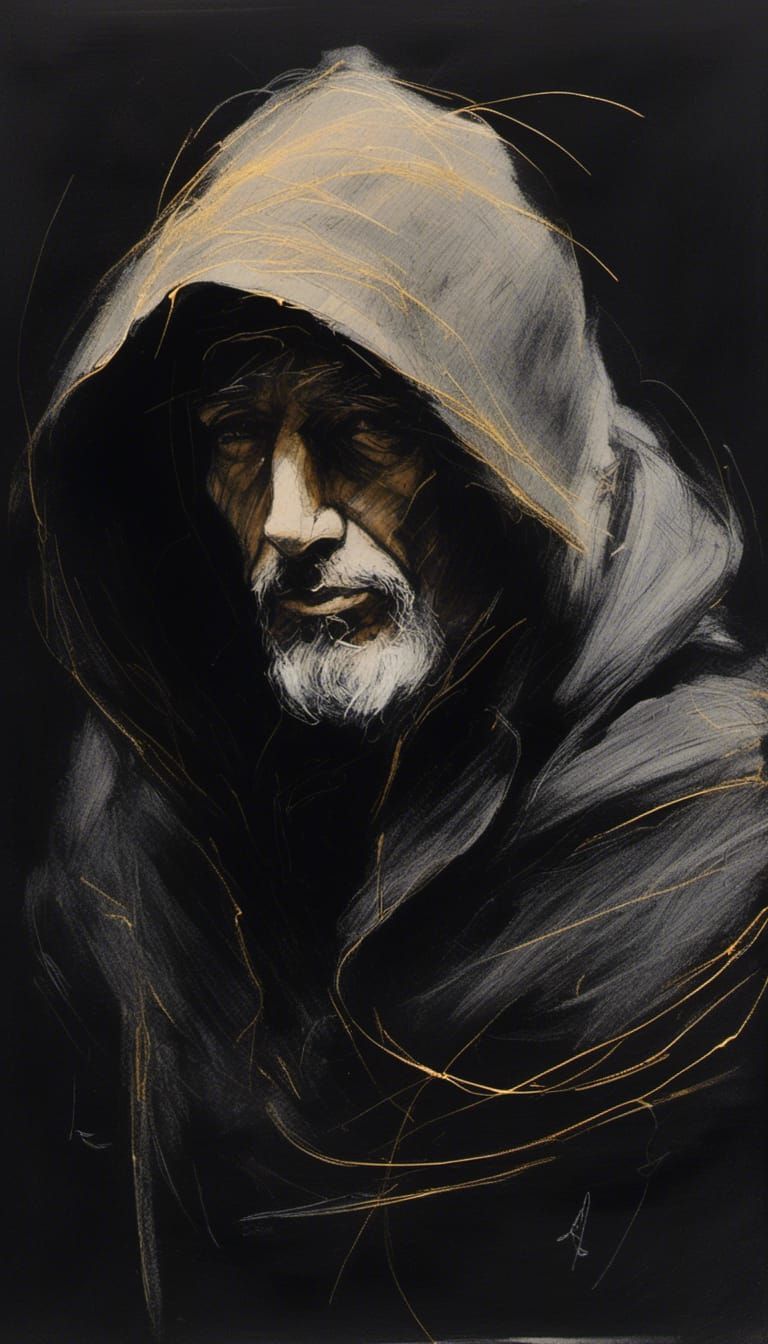 Dragon-Faced Hooded Man in Charcoal and Gouache