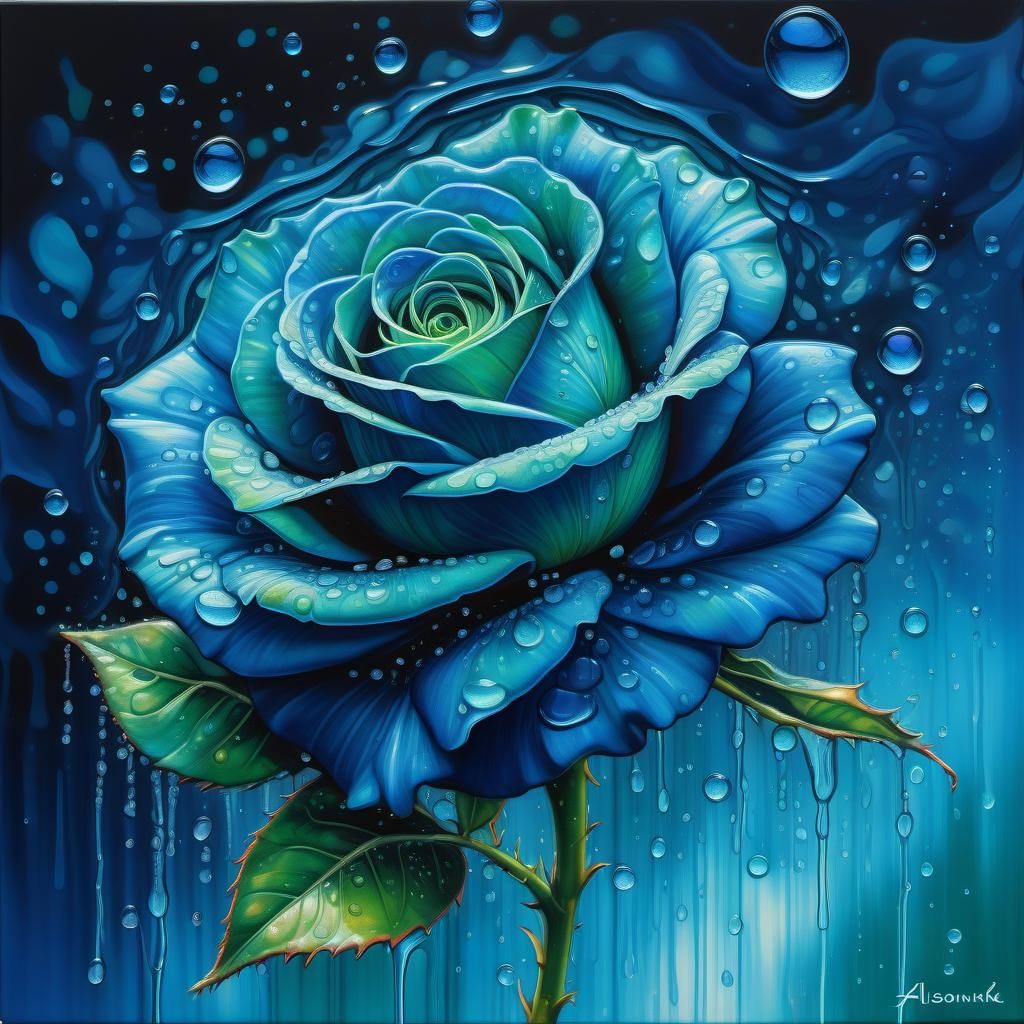 Microscopic Blue Rose Oil Painting with Celestial Elements