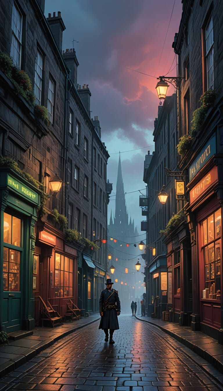 Whimsical Edinburgh Street Scene in Futuristic Nostalgic Sty...