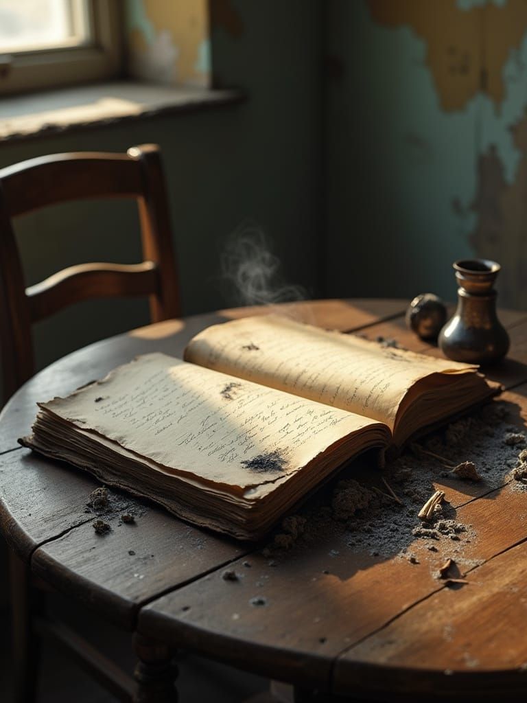 Smoke-Damaged Journal on a Weathered Table