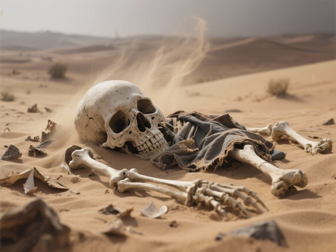 Melancholic Desert Scene: Skull and Bones in Sand