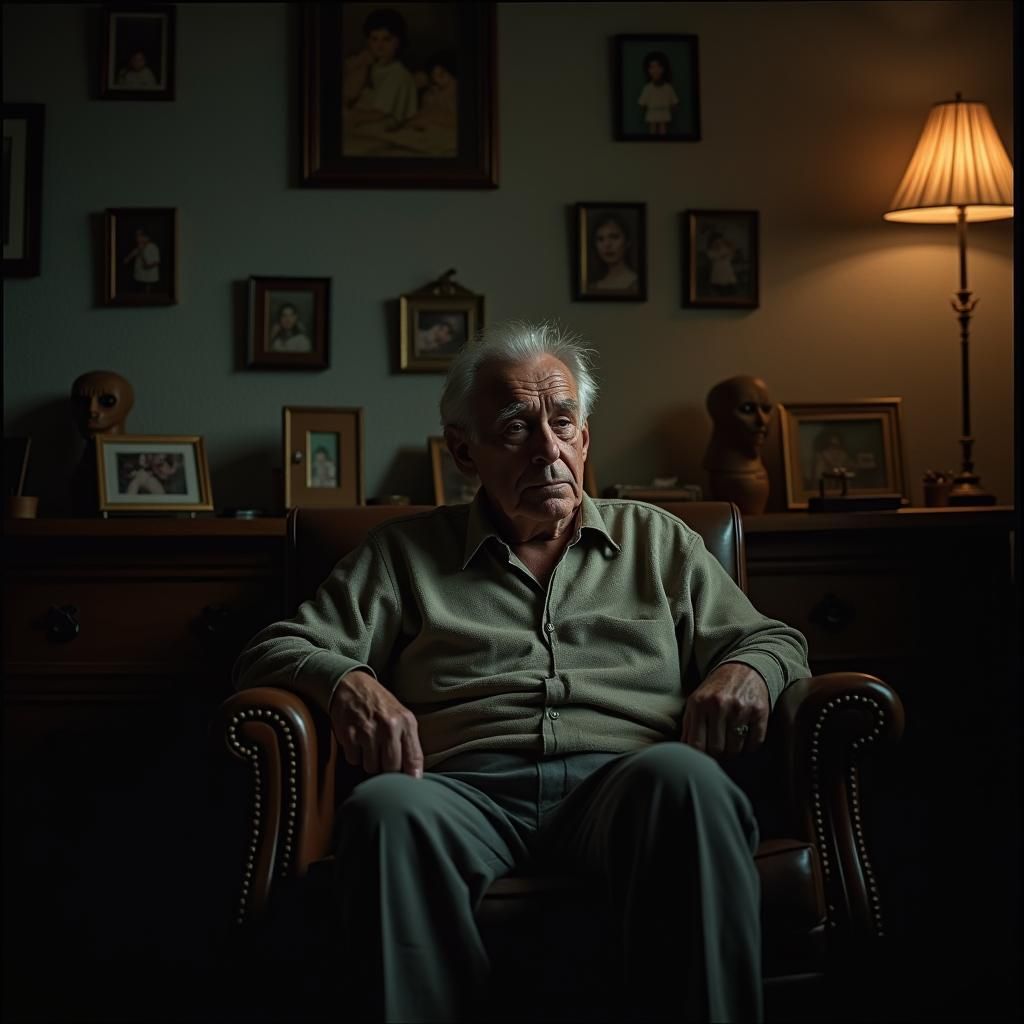 Melancholic Father in Dimly Lit Study