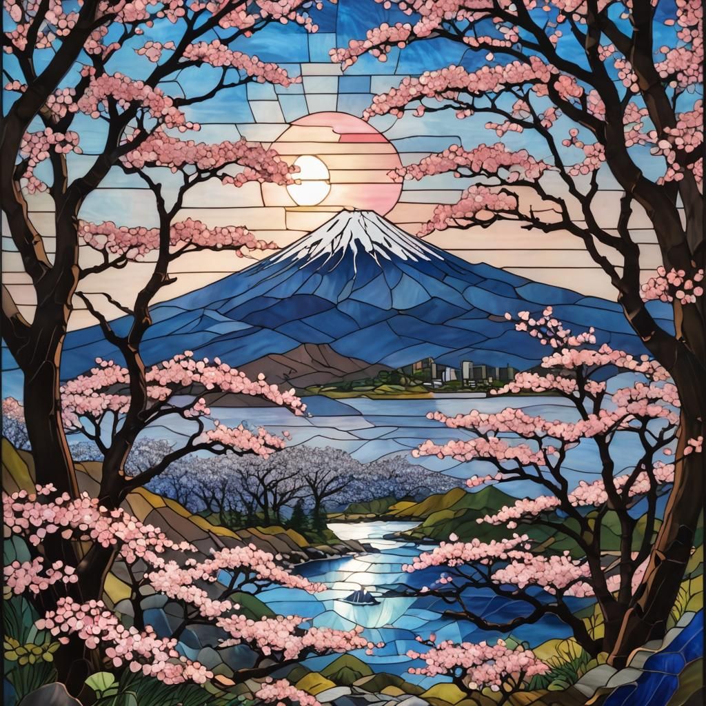 Stained Glass Mount Fuji with Cherry Blossoms