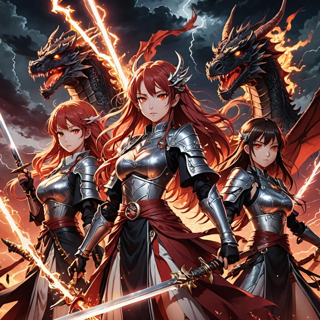 Anime Spellcasters in Dragon Dresses Under Red Lightning
