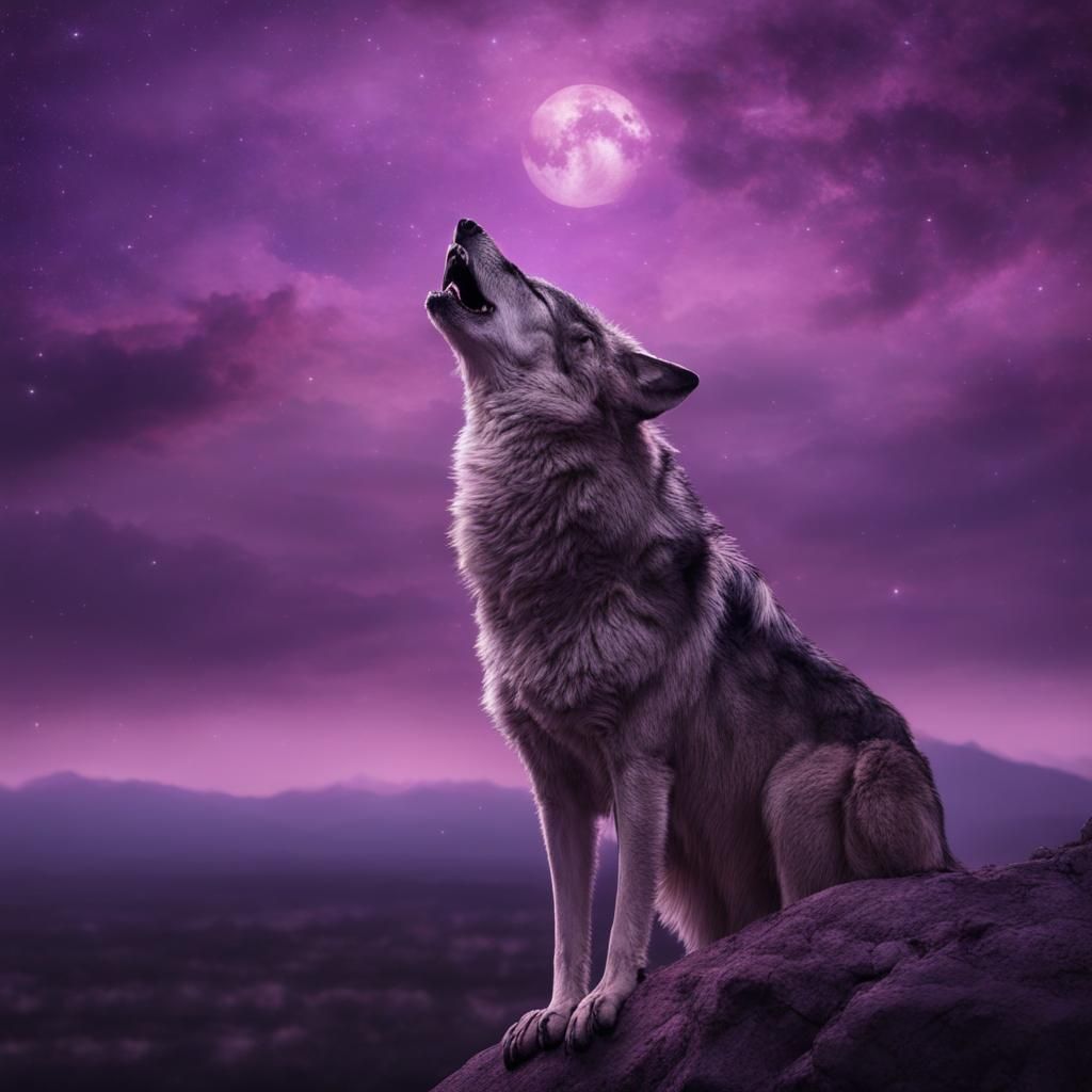 Wolf Howling at Purple Night: Hyperrealistic Image