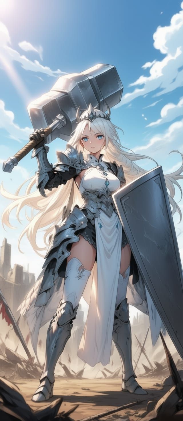 Crusader Paladin in Detailed Armor with Silver Hammer