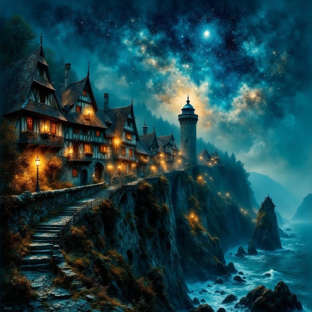 Medieval Cliffside Village at Night in Digital Art Style