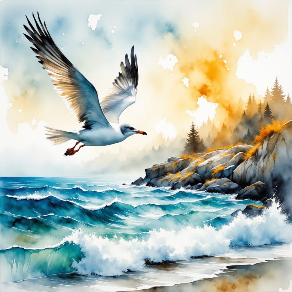 Vibrant Seagull Portrait in Watercolor