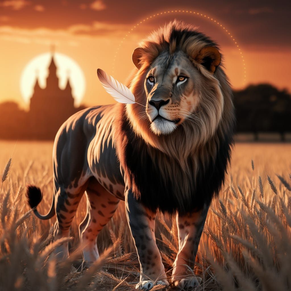 Majestic Lion with Christian Symbols in Golden Hour