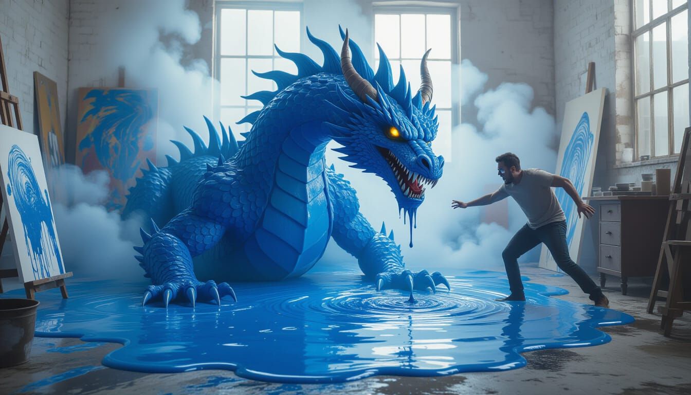 Surreal Blue Paint Dragon Emerges From Spill