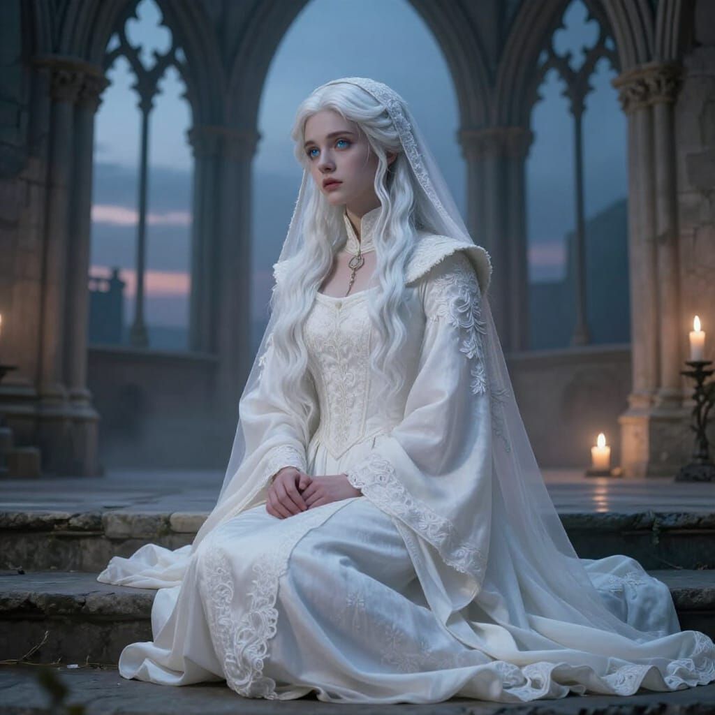 Gothic Cathedral Ruins: Serene Woman in White Gown