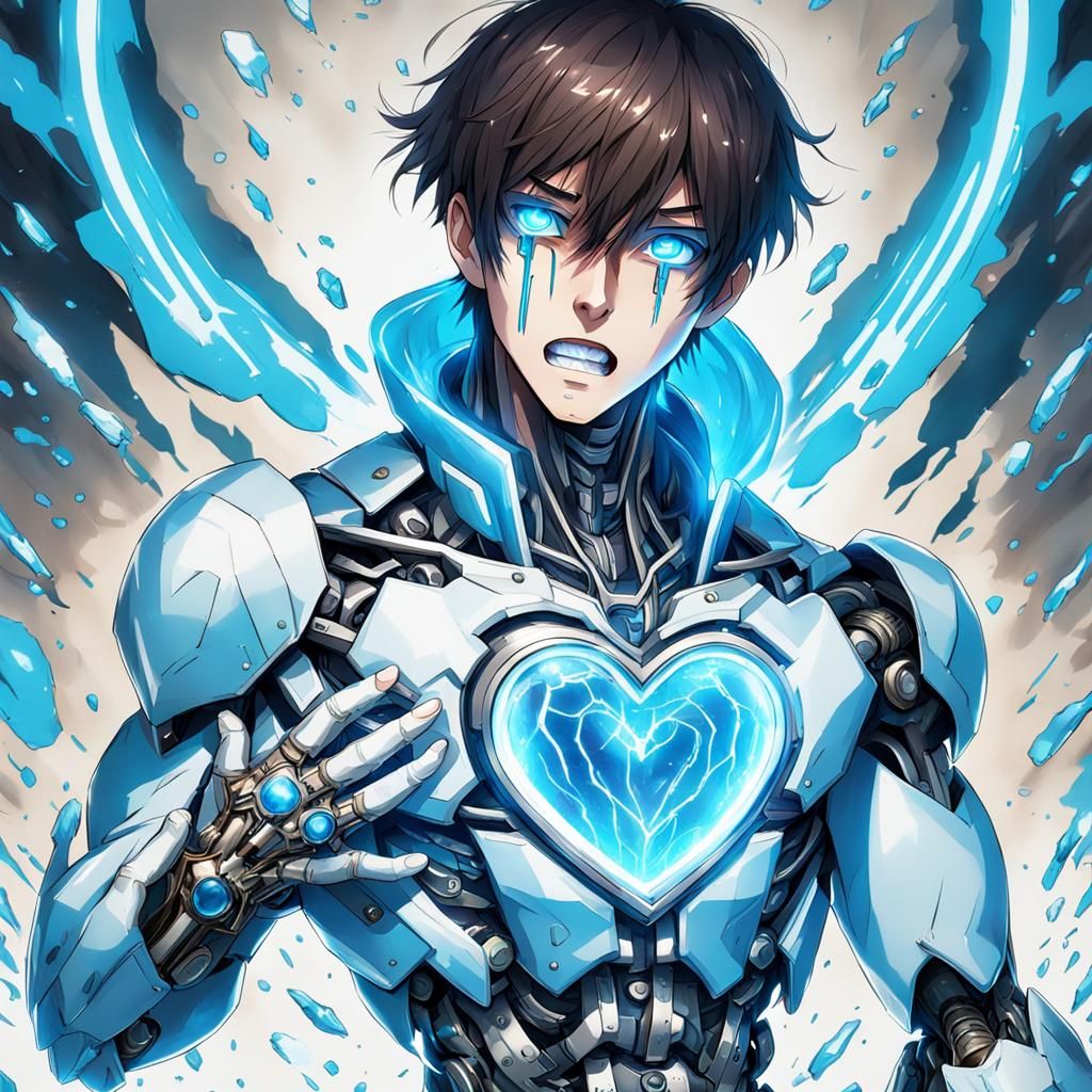 Crying Anime Boy with Robotic Clothing