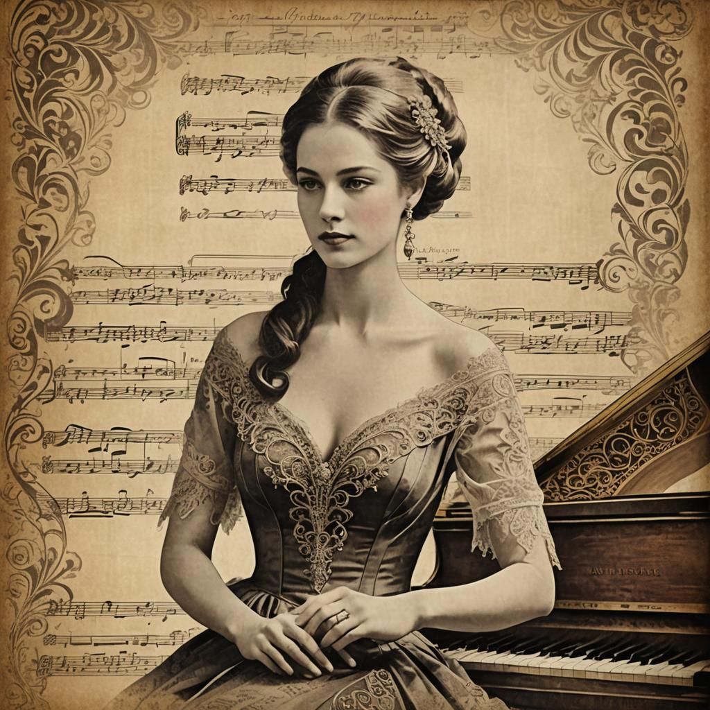 Elegant Woman at Grand Piano with Filigree