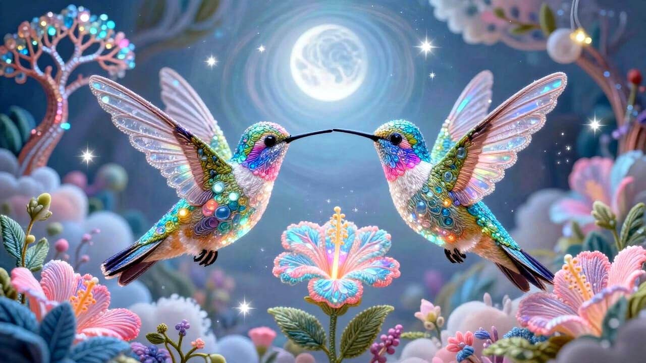 Hummingbirds of Hibiscus and Crystal in Ethereal Light