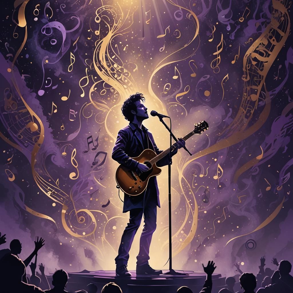 Singer on Misty Stage with Guitar in Vector Art