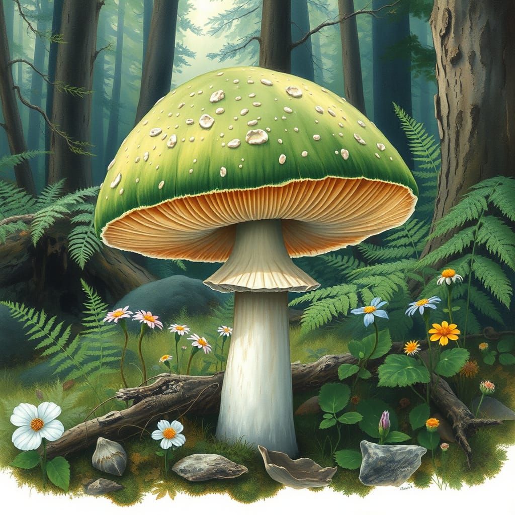 Vibrant Green Deathcap Mushroom in a Serene Forest Glade