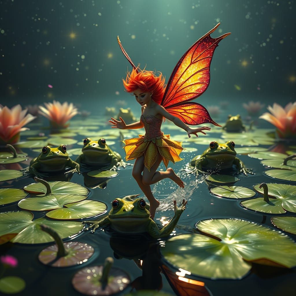 Mystical Faerie Dances on Starlit Frog Pond