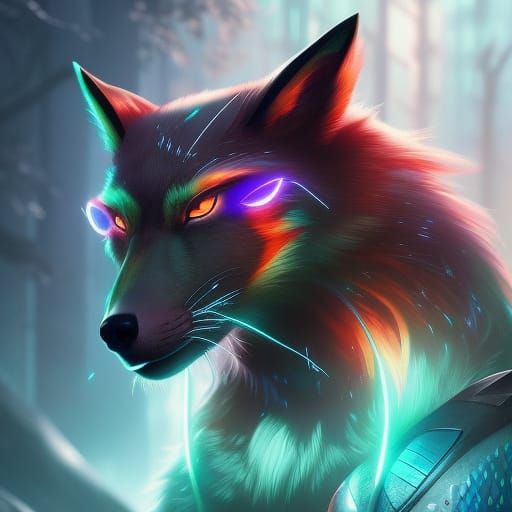Anthropomorphic Cyber Fox Portrait in Digital Illustration