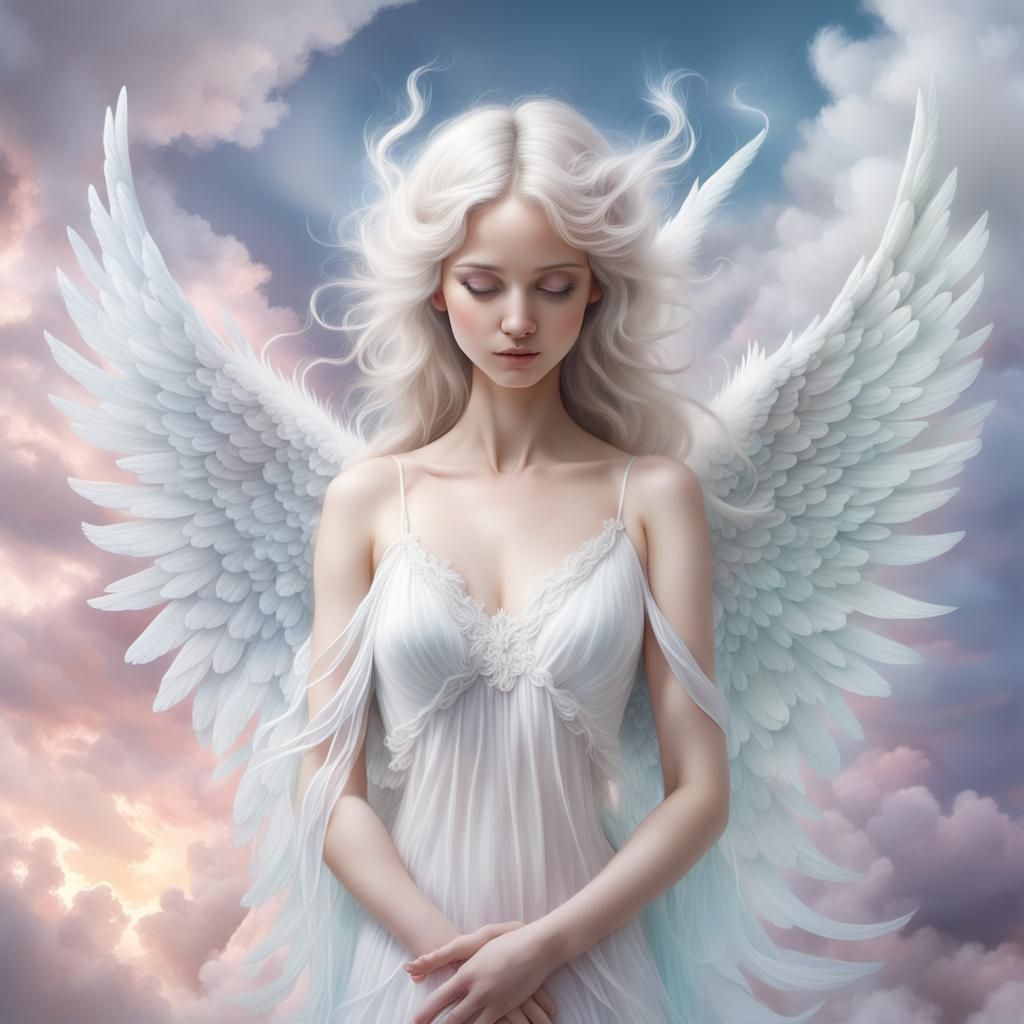 Ethereal Angel with Wispy Wings in Pastel Smoke