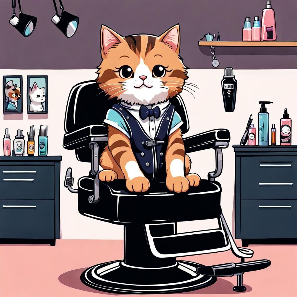 Cute chibi cat sitting in a barber chair, getting a fade haircut; studio gibli; barber standing with clippers