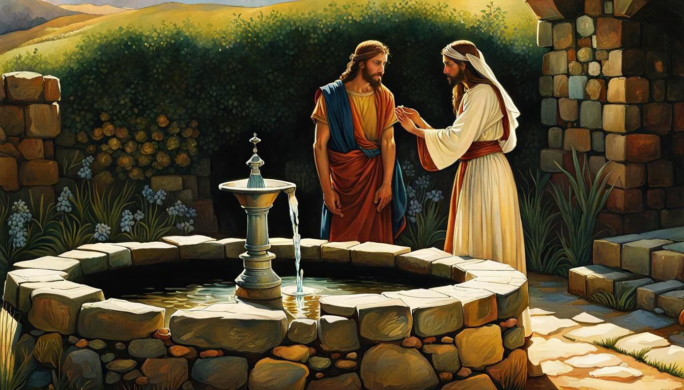 Jesus Offers Water in Luminous Watercolor Art