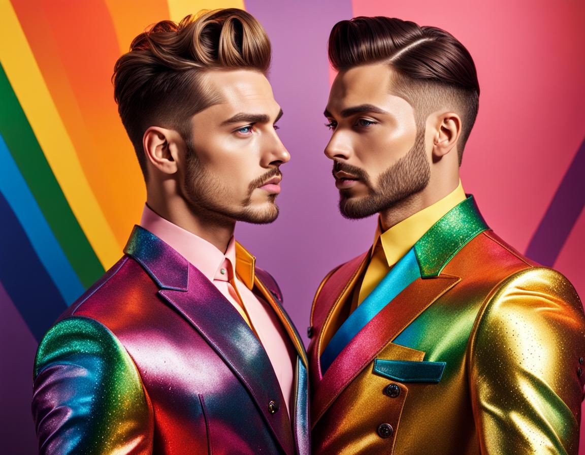 Rainbow Catwalk: Hyperrealistic Splash Art of Two Men