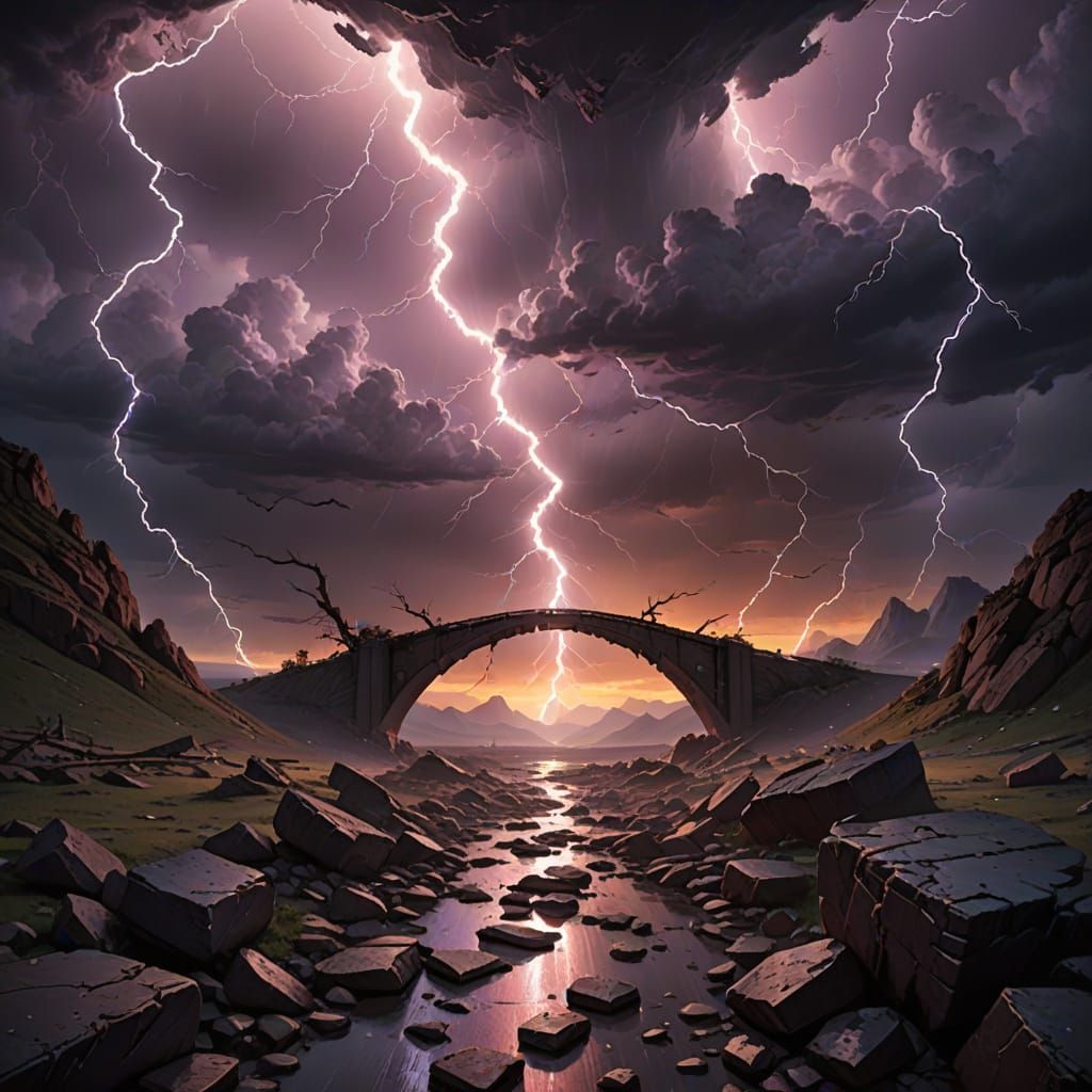 Ethereal Bridge in Stormy Skies, a Symbol of Hope and Loss