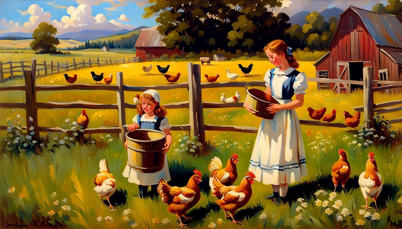 Farm Girls Feeding Chickens: An Oil Painting