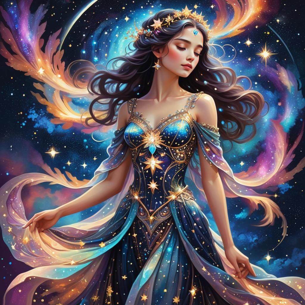 Night Sky Goddess in Starlight Dress: Expressionist Art