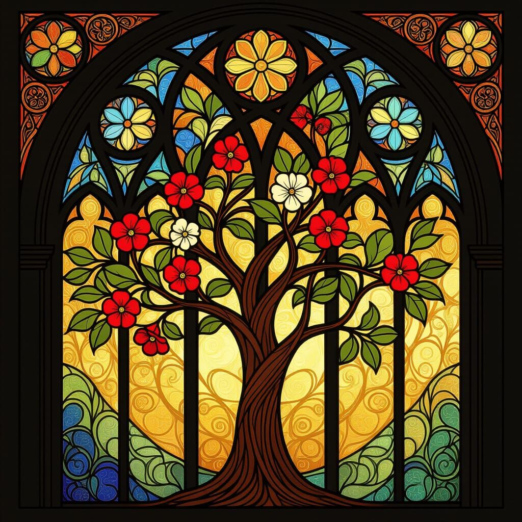 Stained Glass Tree in Art Nouveau Style