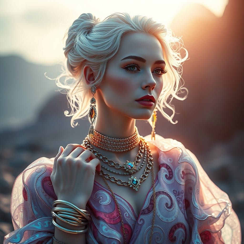 Enchanting, Futuristic Goddess in Shimmering, Iridescent Att...