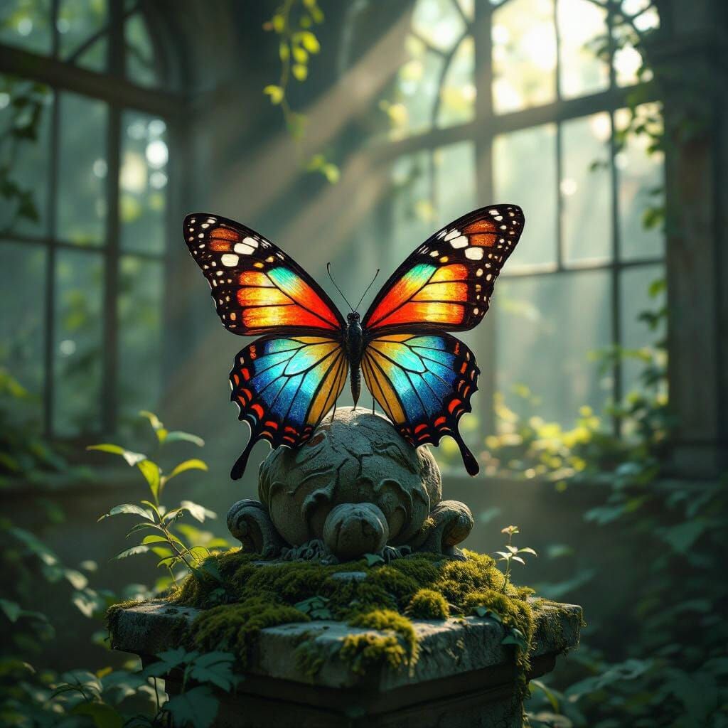 Stained-Glass Butterfly on Victorian Statue in Overgrown Gre...