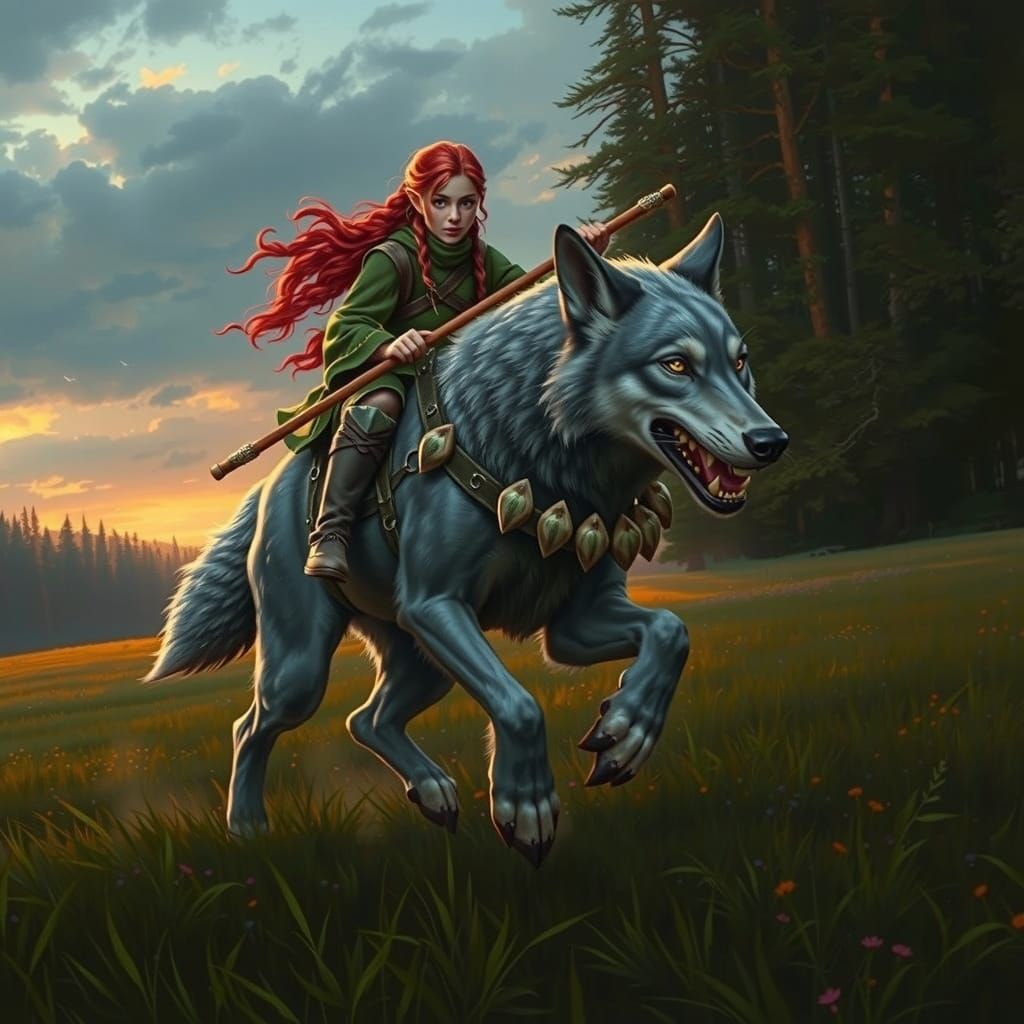 Ethereal Fantasy: Elf Maiden Gallops with Majestic Wolf