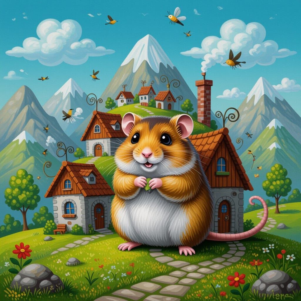 Whimsical Hamster Village in Surreal Mountain Landscape