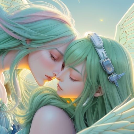 Two Female Digimon Kissing in Digital Painting Style