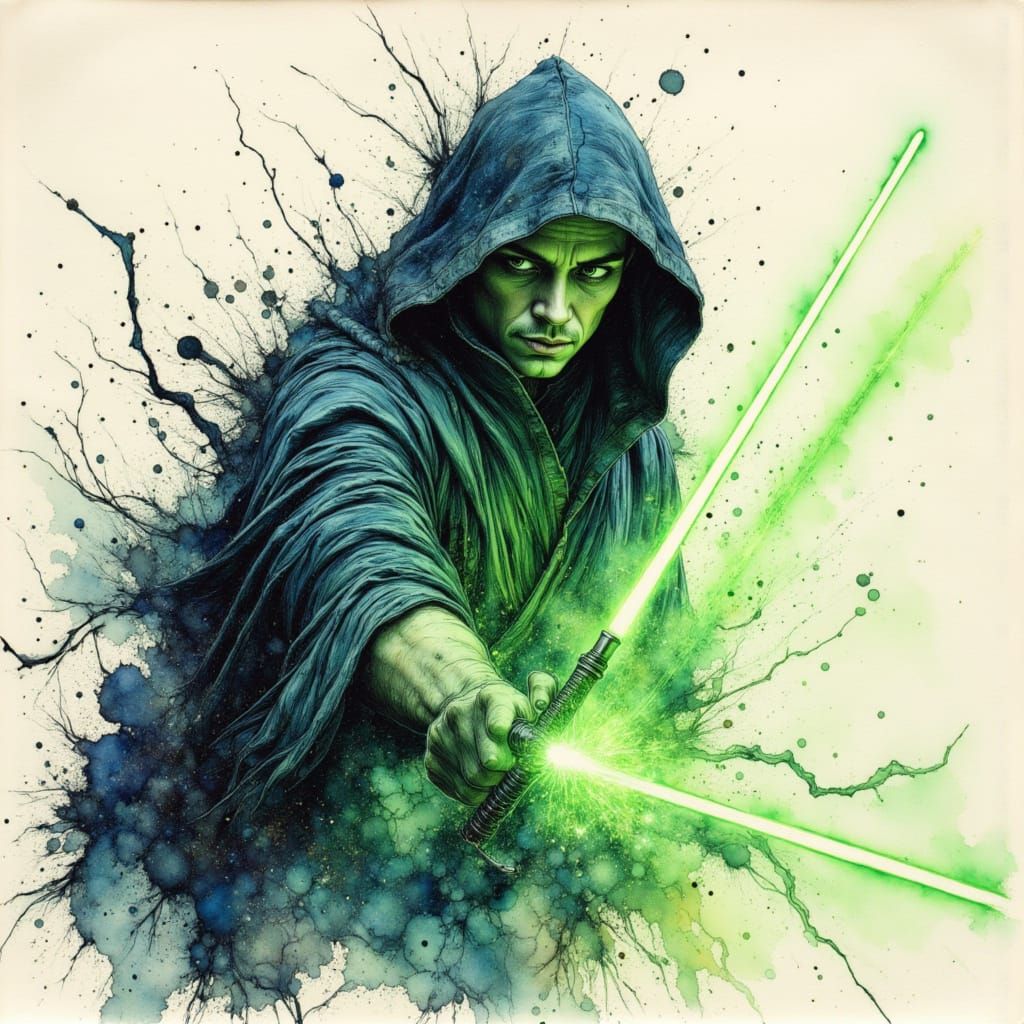 Jedi Master Wields Green Laser Saber in Dynamic Ink Style