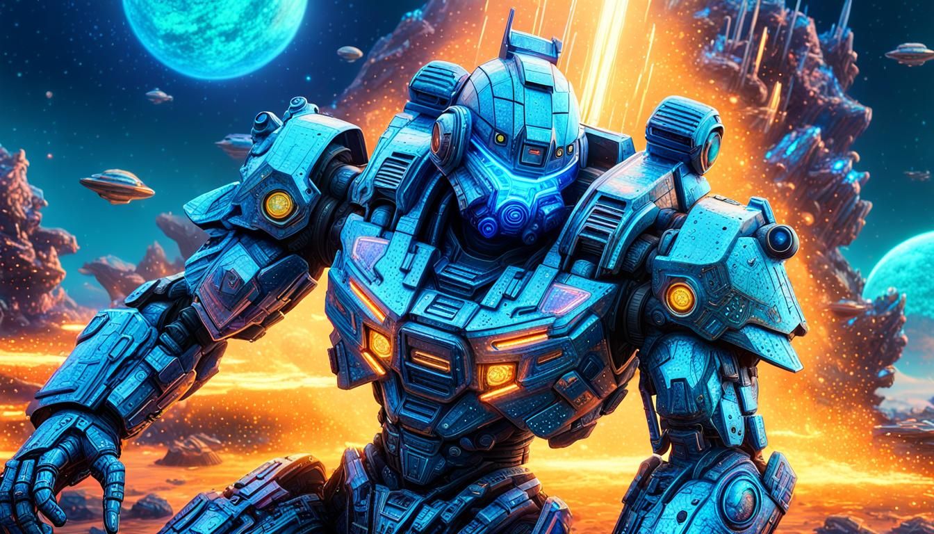 Giant Cyborgs on Neptune in Cyberpunk Style