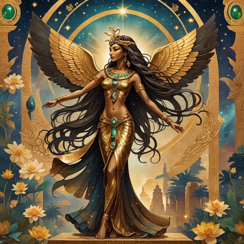 Golden Egyptian Goddess Dancing in Art Nouveau Style